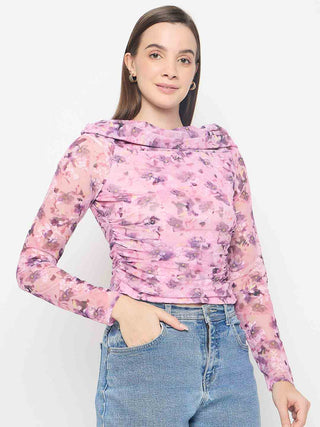 Madame Floral Print Off Shoulder Pink Mesh Top