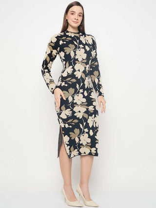 Madame Floral Print Black Knitted Midi Dress