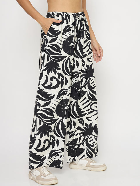 Madame Abstract Print Black Rayon Palazzo Trousers