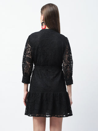 Madame Sheer Embroidered Belted Mini Black Mesh Dress