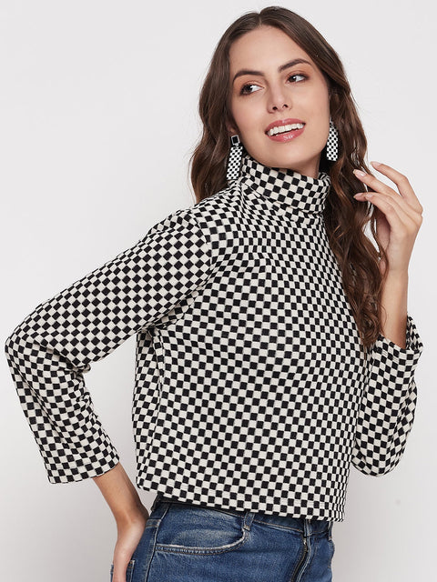 Madame Black Chess Print Turtleneck Top