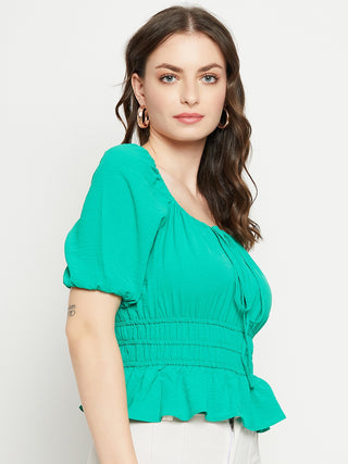 Madame Ruched Waist Tie-Front Green Peplum Top