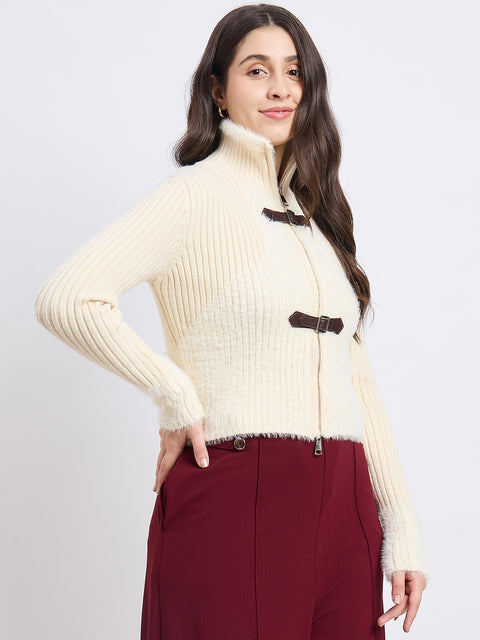 Madame Bow Accented High Neck Beige Sweater