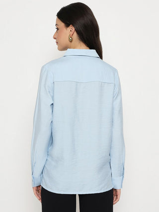 Madame Textured Solid Sky Blue Rayon Blend Shirt