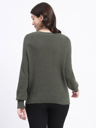Madame Button Detailed Solid Olive Knitted Sweater