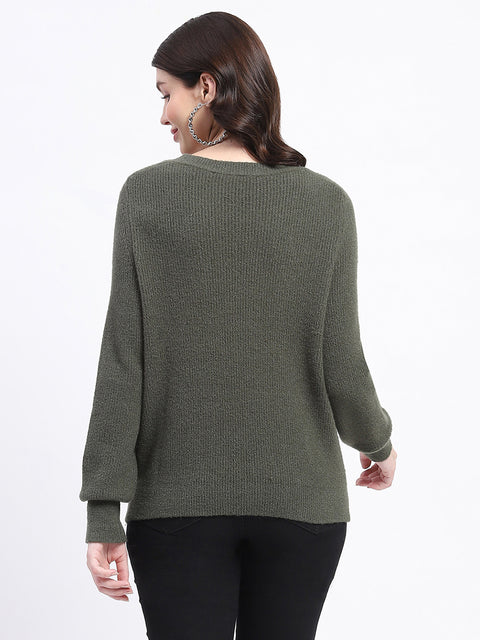 Madame Button Detailed Solid Olive Knitted Sweater