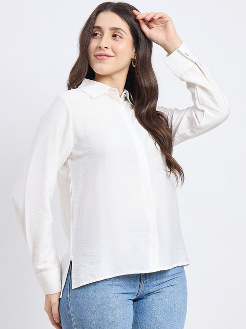 Madame White Viscose Nylon Solid Shirt
