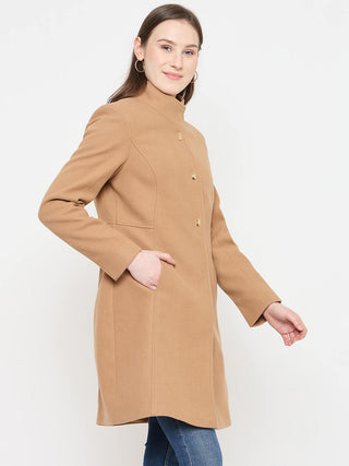 Madame Stand Collar Beige Long Coat with Buttons