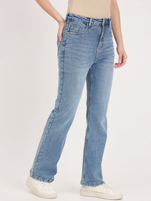 Madame Light Blue Cotton Flared Double Wash Jeans