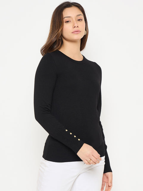 Madame Black Solid Sweater with Cuff Sleeves