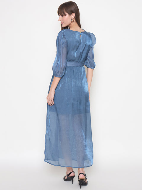 Madame Wrinkled Lurex Self Design Belted Blue Maxi Dress