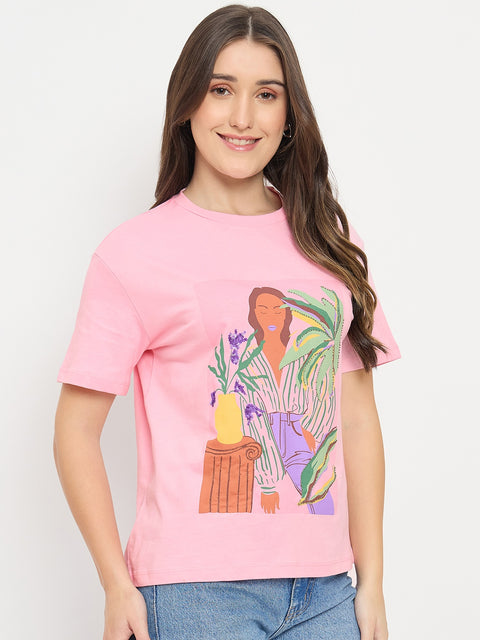 Madame Pink Graphic Print Cotton Round Neck T-Shirt