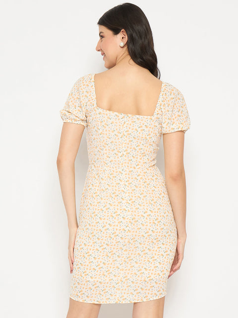 Madame Printed Half Sleeve Yellow Midi Sheath Dress