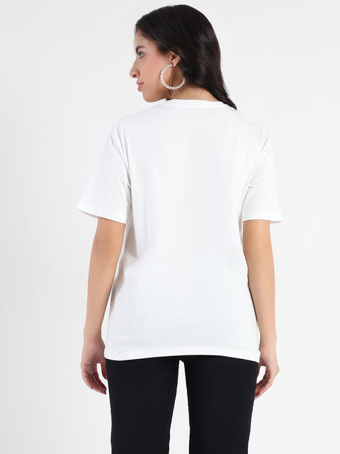 Madame Swarovski and Print Sticker White Cotton T-shirt