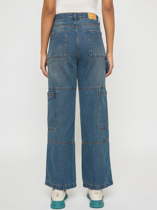 Madame Panel Detailed Tinted Green Wide Leg Denim Cargo