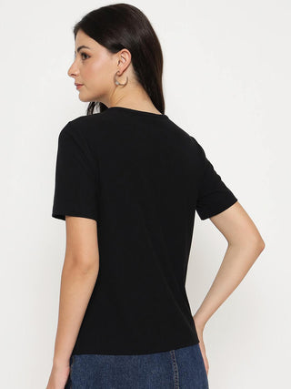 Madame Henley Neck Solid Black T-Shirt