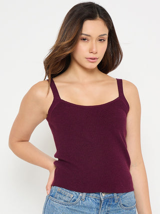 Madame Camisole Neck Wine Knit Crop Top