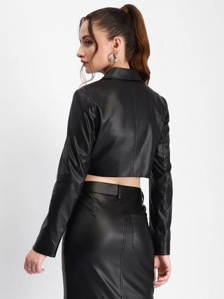 Madame Solid Black Buttoned Faux Leather Crop Top
