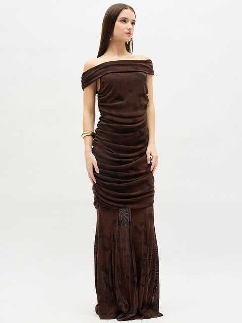 Madame Brown Mesh Off-Shoulder Bodycon Dress