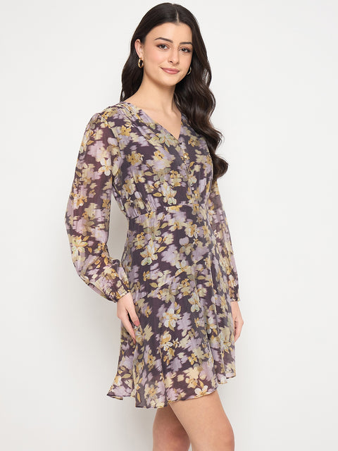 Madame Plum Floral Print Fit and Flare Dress