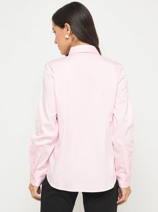 Madame Buttoned Front Solid Cotton Blend Baby Pink Shirt