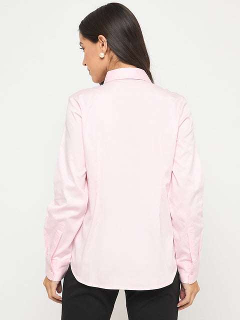 Madame Buttoned Front Solid Cotton Blend Baby Pink Shirt