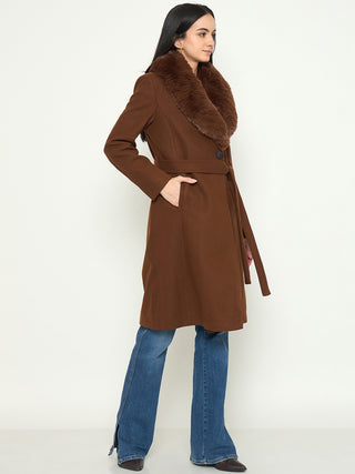 Madame Brown Long Coat with Faux Fur Shawl Collar and Belt