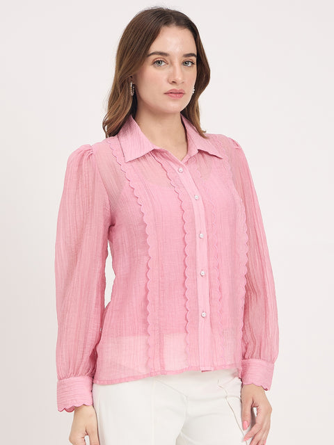 Madame Pink Lace Detail Lyocell Puff Sleeve Shirt