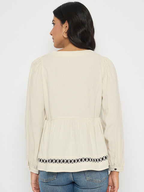 Madame Geometric Pattern Embroidery Rayon Blend Off White Top