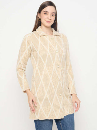 Madame Geometric Print Long Beige Cardigan