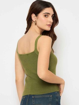 Madame Sleeveless Solid Olive Green Ribbed Knit Sweater