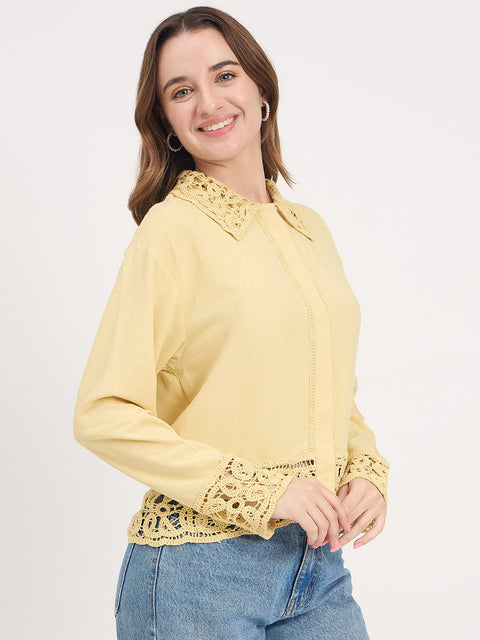 Madame Yellow Lace Detail Rayon Linen Full Sleeve Shirt