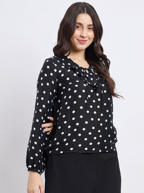 Madame Black Polka Dot Print Ruffle Collar Top