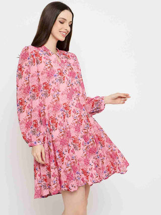 Madame Pleated Floral Pink Mini Shirt Dress