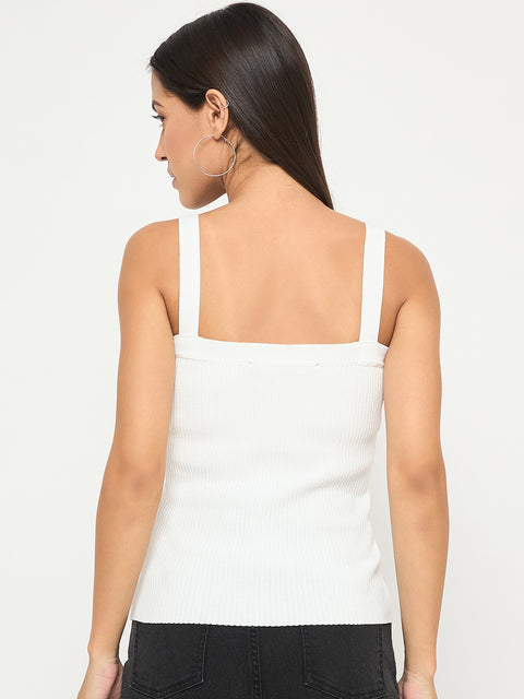 Madame Ribbed Sleeveless White Knitted Top