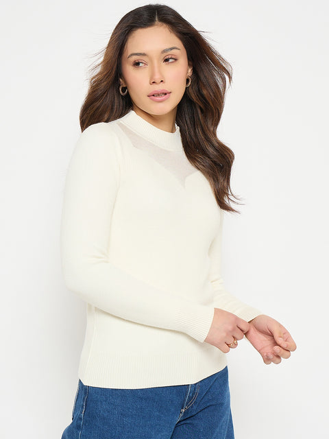Madame Mock Neck Off White Solid Sweater