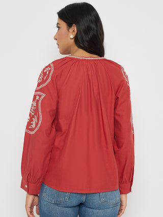 Madame Floral Embroidery Red Viscose Blend Top