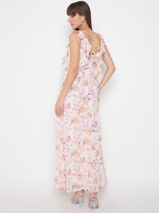 Madame Floral Print Ruffle Detail Off White Midi Dress