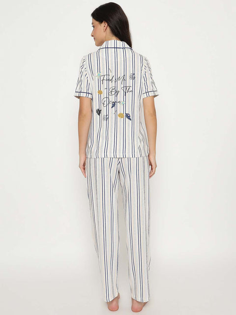 mSECRET Striped Top and Bottom Off-White Cotton Night Suit