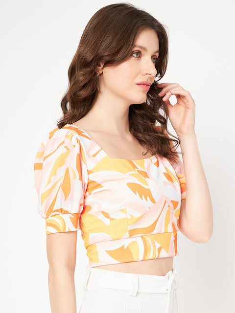Madame Marble Print Square Neck Tangerine Orange Crop Top