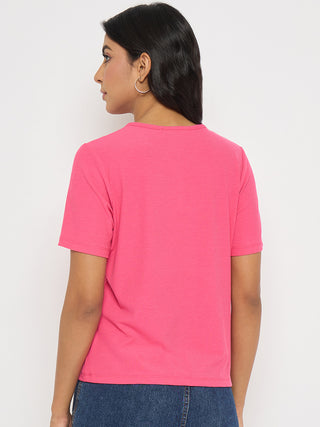 Madame Henley Neck Solid Hot Pink T-Shirt