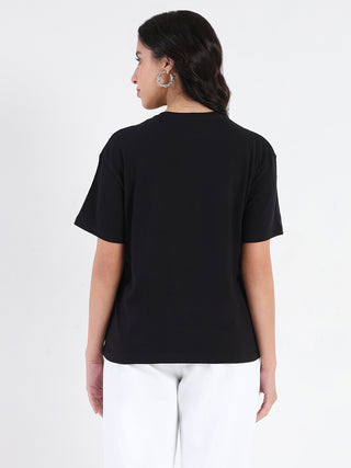 Madame Embellished Cutwork Detail Black Cotton T-shirt