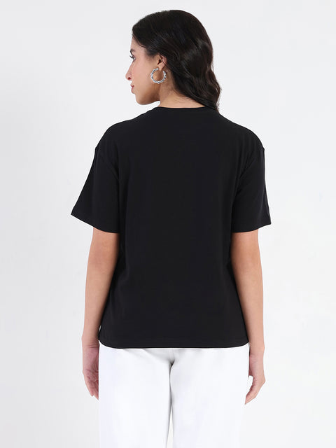 Madame Embellished Cutwork Detail Black Cotton T-shirt