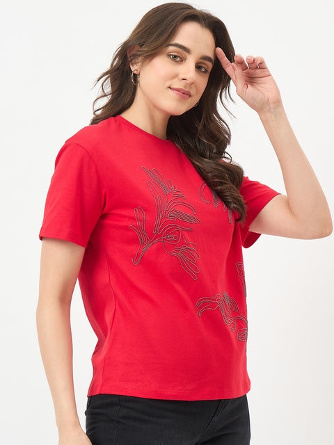 Madame Red Cotton Half-Sleeve T-Shirt