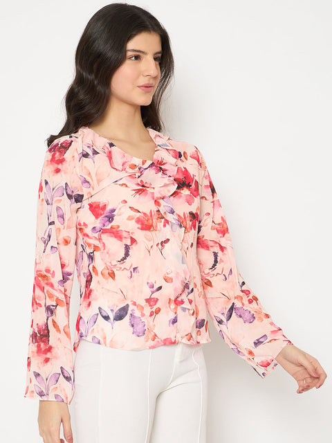 Madame Floral Print Peach Ruffle Cotton Top