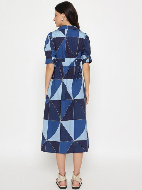 Madame Geometric Print Belted Blue Maxi Shirt Dress