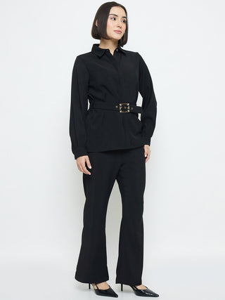 Madame Solid Belted Black Shirt