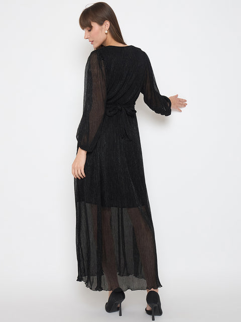 Madame Pliss Self Design Belted Black Flared Maxi Dress