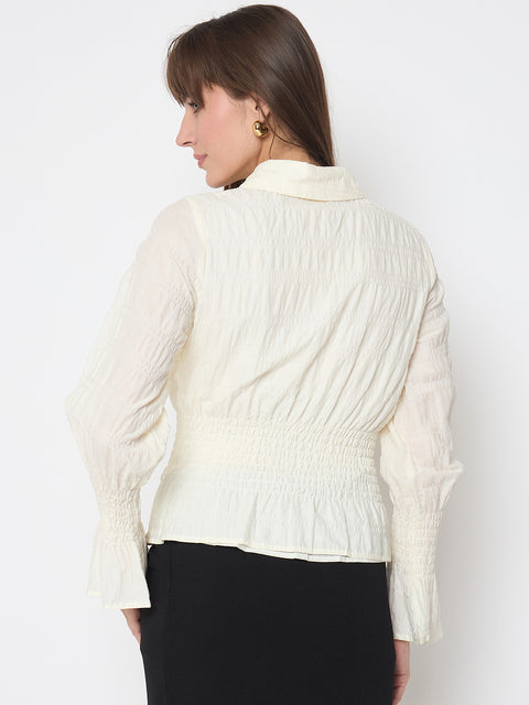 Madame Smocked Waist Off White Peplum Shirt