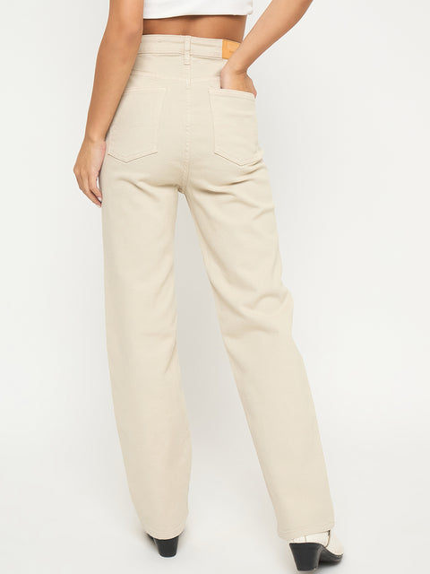 Madame Straight Fit Cotton Blend Solid Beige Jeans